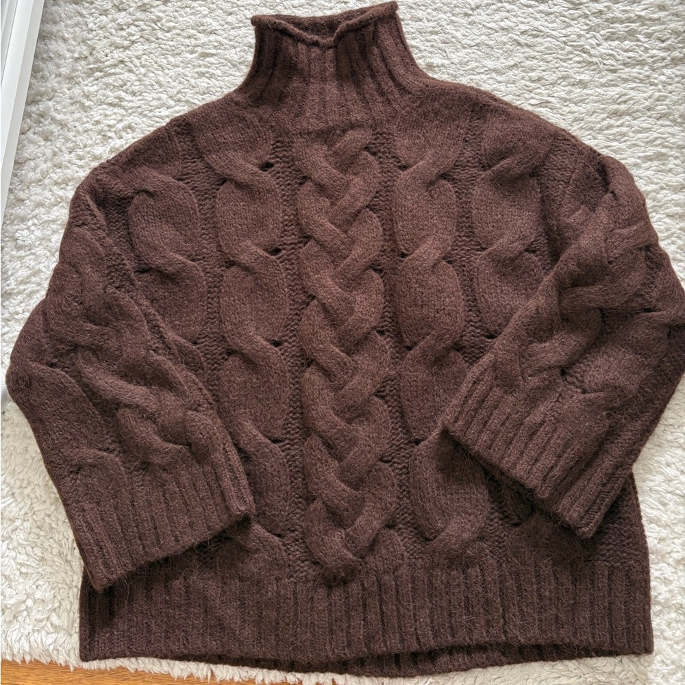 Free People Chunky Cable Knit Turtleneck Sweater in Deep Brown